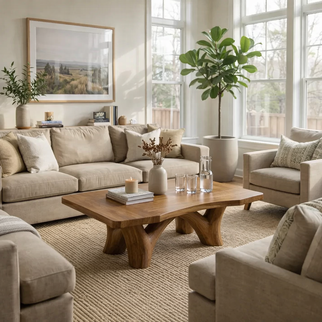 Solid Wood Rustic Coffee Table with Sculpted Base – Live Edge Living Room Coffee Table - view 3 of 9