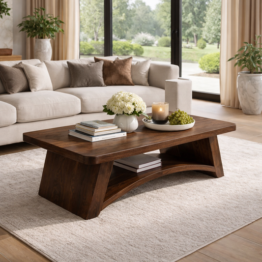 Solid Wood Coffee Table with Sculpted Base and Open Shelf – Rustic Modern Living Room Table - view 1 of 9