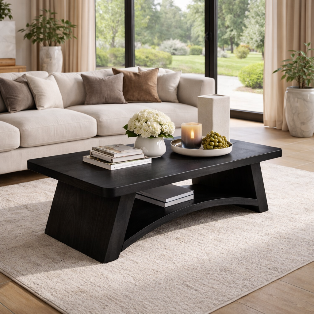 Solid Wood Coffee Table with Sculpted Base and Open Shelf – Rustic Modern Living Room Table - view 4 of 9
