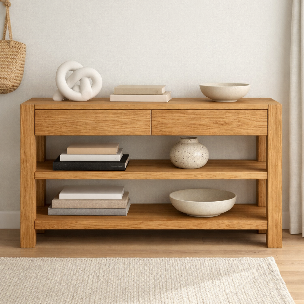 Solid Wood Console Table with Drawers and Shelves – Modern Oak Entryway Storage Table - view 1 of 9