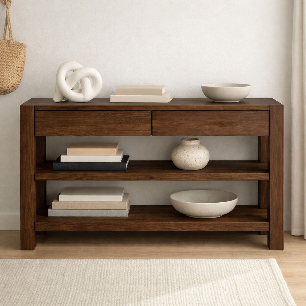 Solid Wood Console Table with Drawers and Shelves – Modern Oak Entryway Storage Table - view 3 of 9
