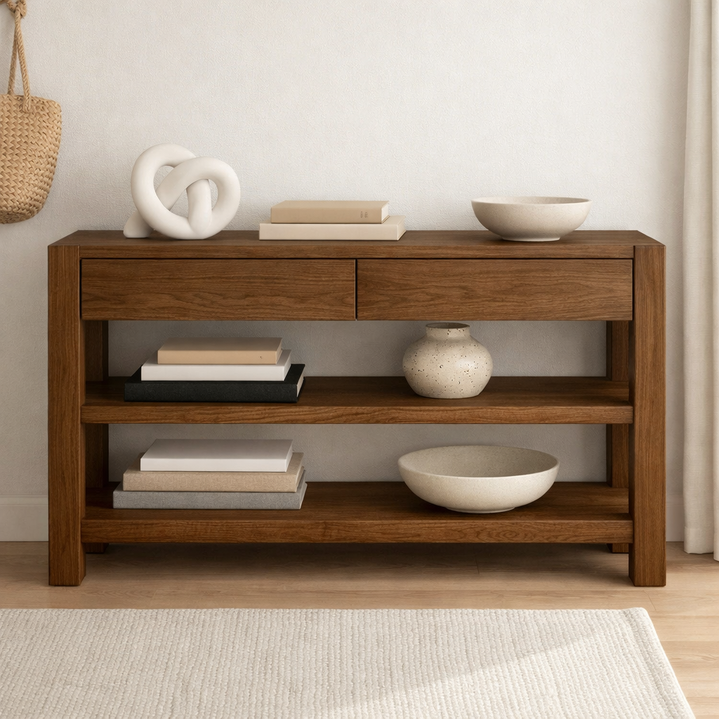 Solid Wood Console Table with Drawers and Shelves – Modern Oak Entryway Storage Table - view 4 of 9