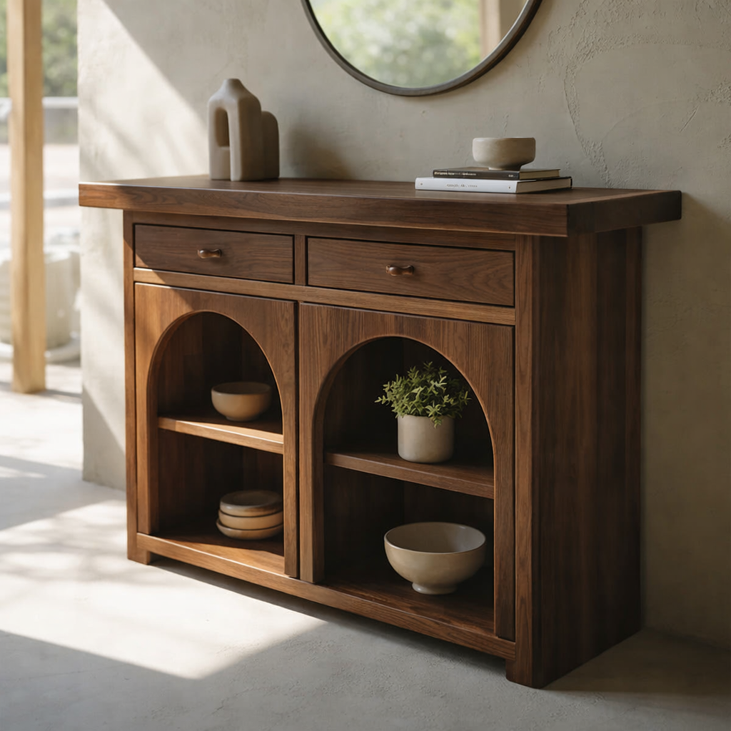 Solid Wood Console Cabinet with Arched Shelves – Modern Entryway Storage Console - view 2 of 8