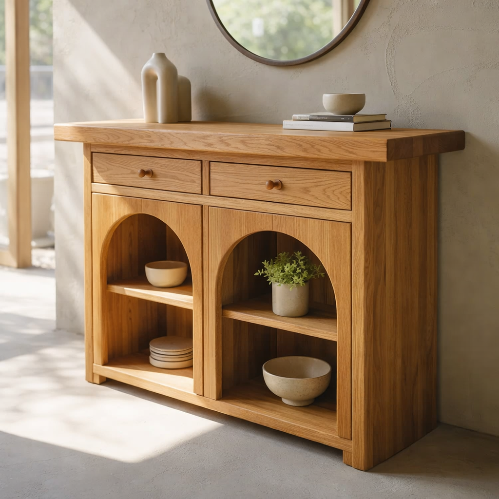 Solid Wood Console Cabinet with Arched Shelves – Modern Entryway Storage Console - view 3 of 8