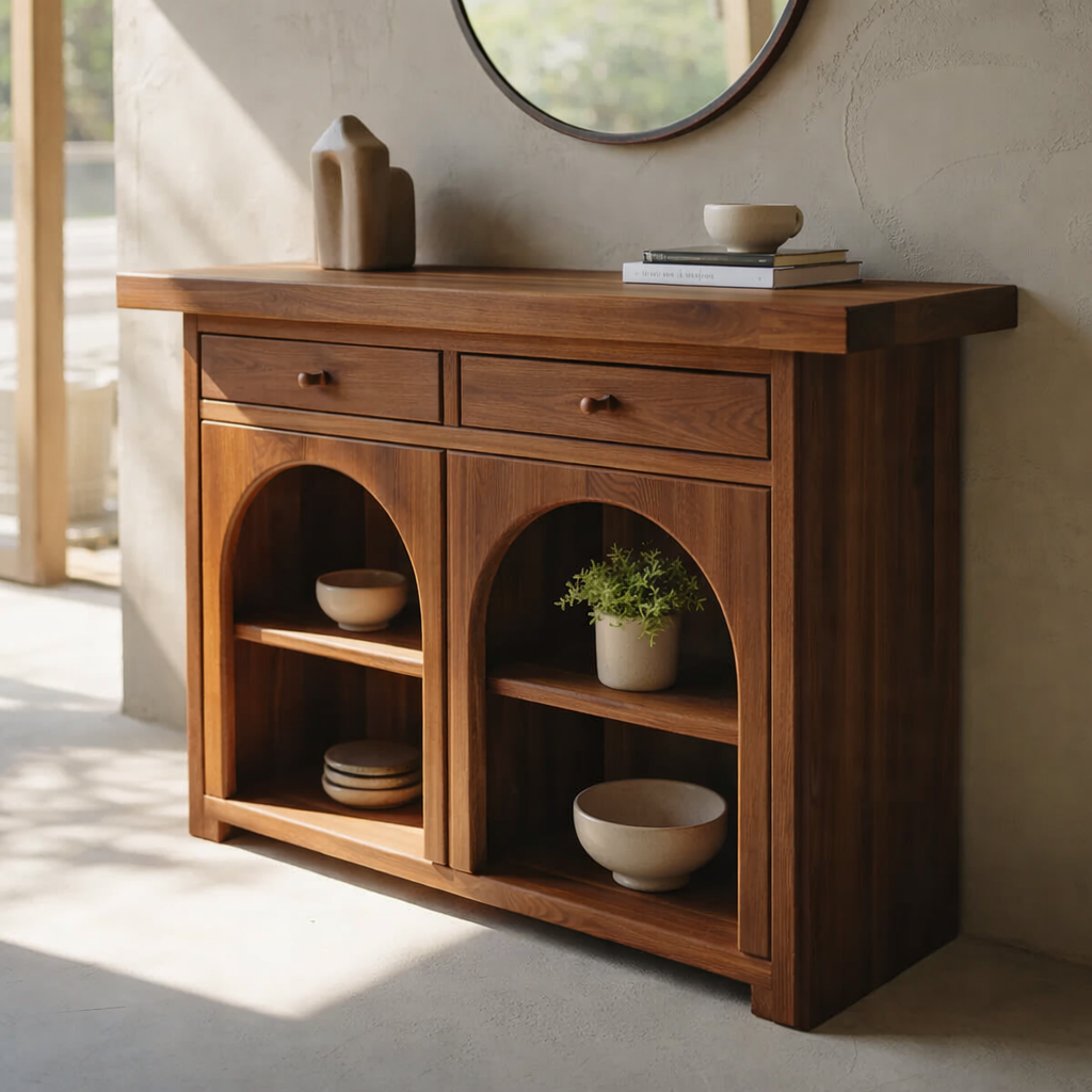 Solid Wood Console Cabinet with Arched Shelves – Modern Entryway Storage Console - view 1 of 8