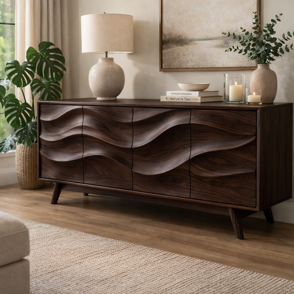 Solid Wood Console Table with Sculptural Wave Front for Modern Living Space - view 3 of 9
