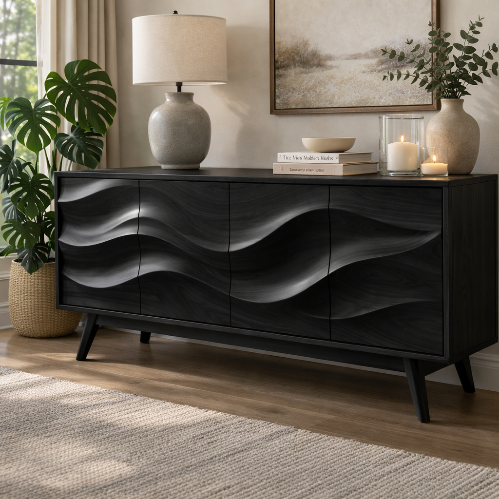 Solid Wood Console Table with Sculptural Wave Front for Modern Living Space - view 5 of 9