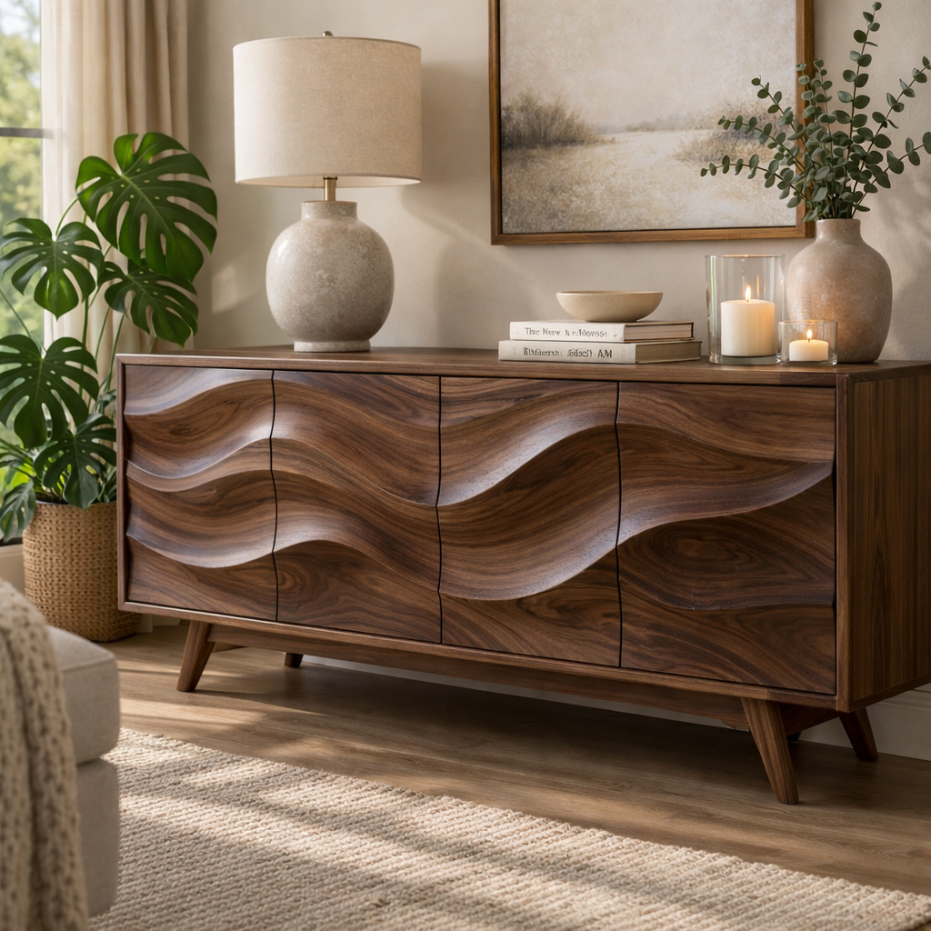 Solid Wood Console Table with Sculptural Wave Front for Modern Living Space - view 4 of 9