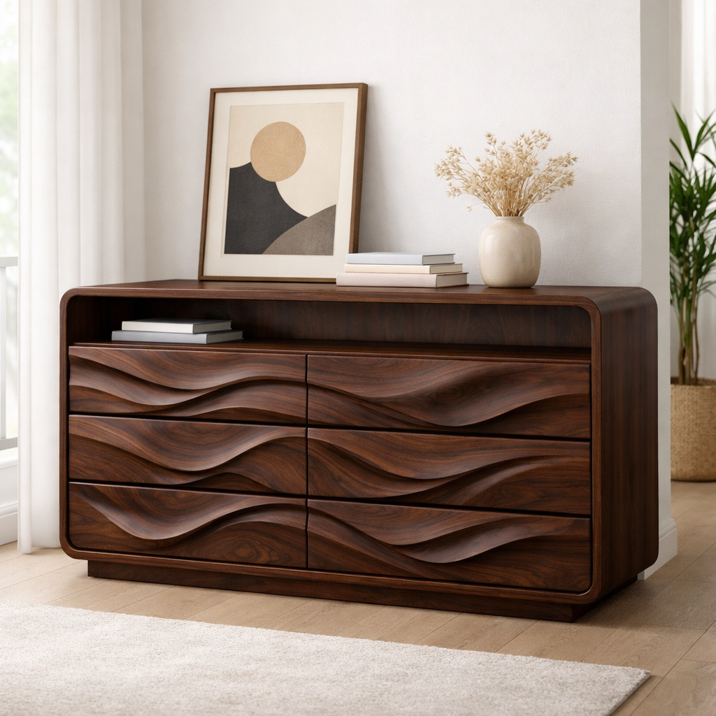Solid Wood Console Table with Drawer Storage and Sculptural Wave Front Design - view 4 of 9