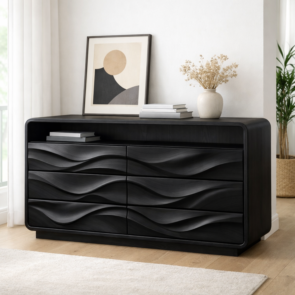 Solid Wood Console Table with Drawer Storage and Sculptural Wave Front Design - view 5 of 9