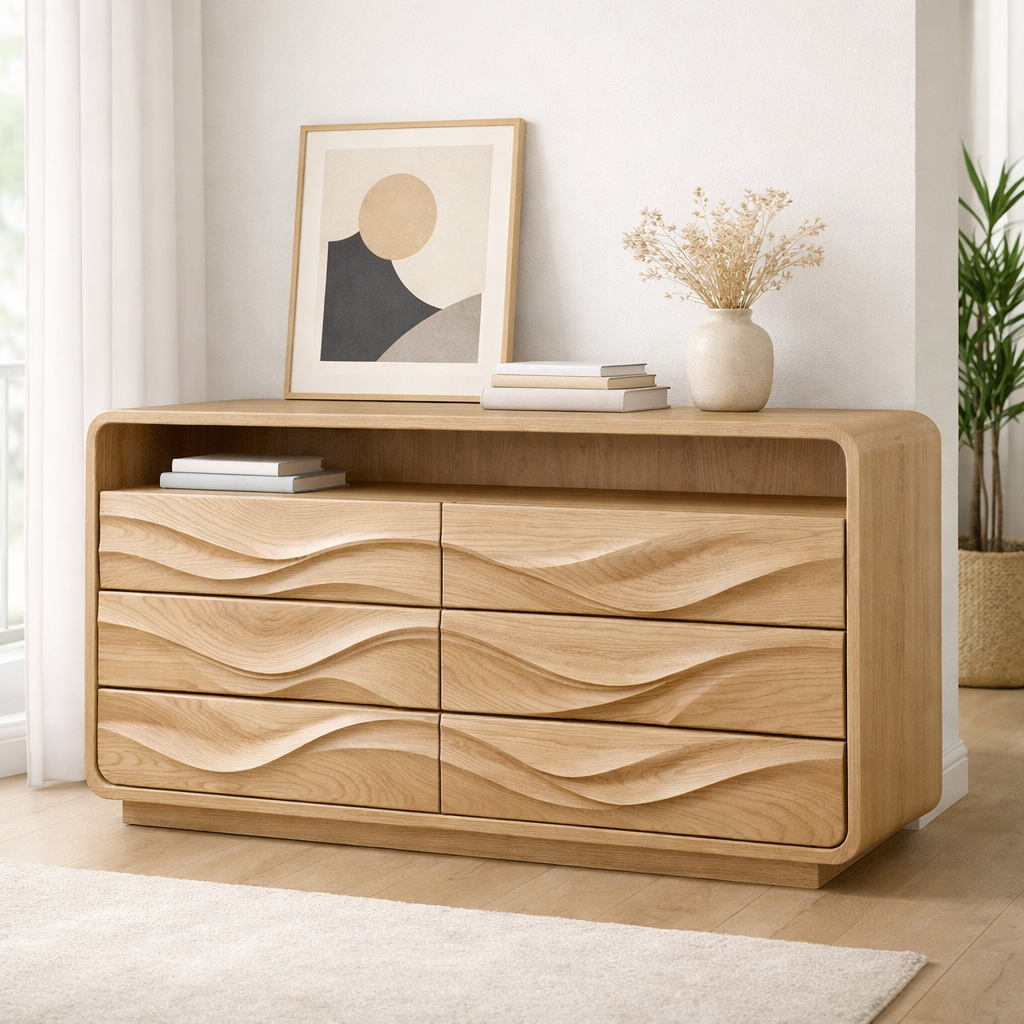 Solid Wood Console Table with Drawer Storage and Sculptural Wave Front Design - view 3 of 9