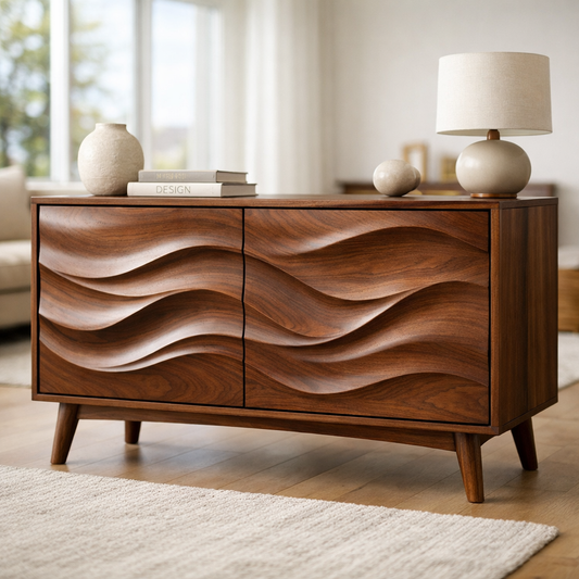 Solid Wood Console Table with Sculptural Wave Doors and Mid-Century Legs - view 1 of 9