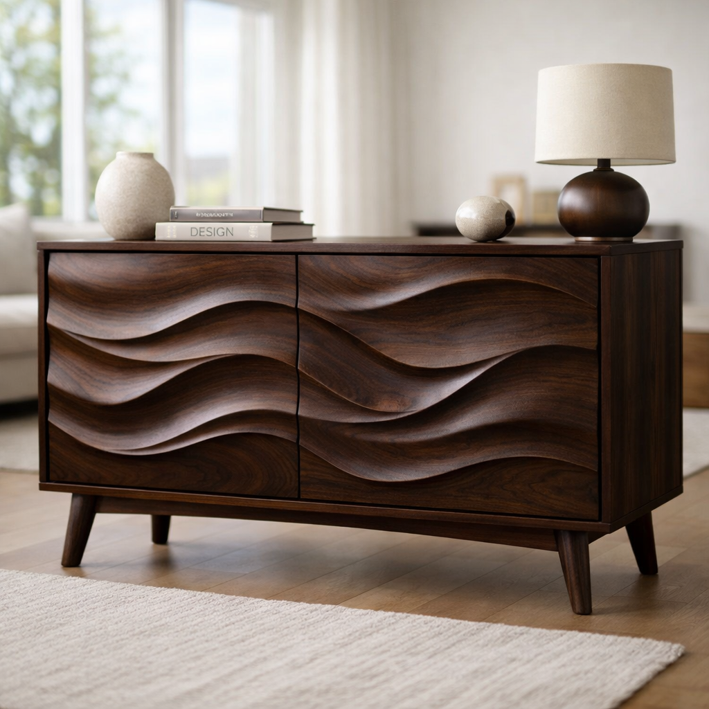 Solid Wood Console Table with Sculptural Wave Doors and Mid-Century Legs - view 4 of 9