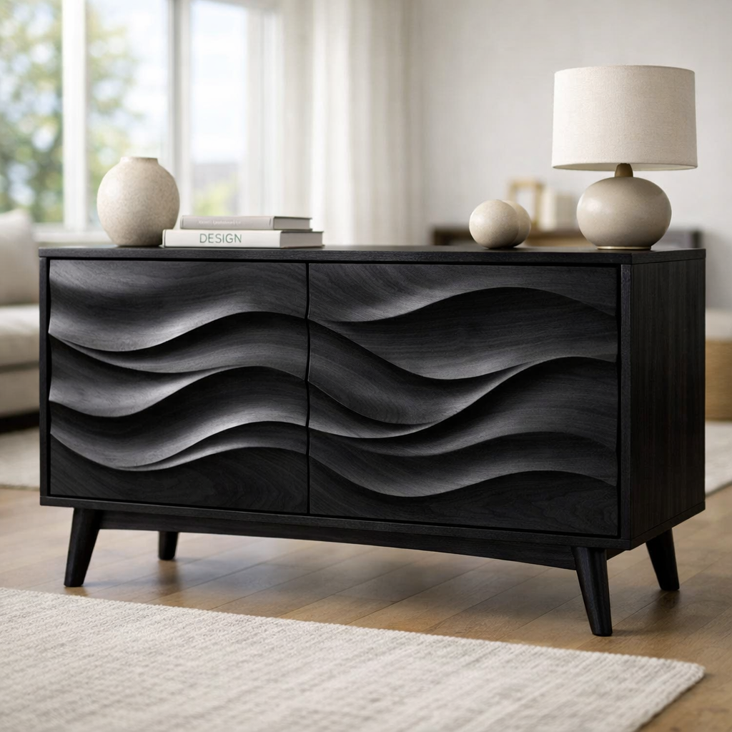 Solid Wood Console Table with Sculptural Wave Doors and Mid-Century Legs - view 5 of 9