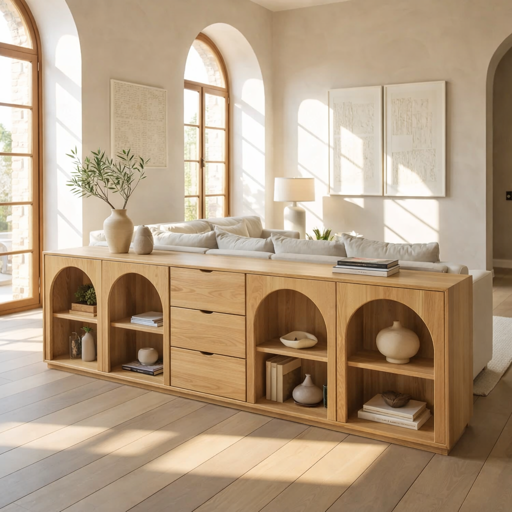 Solid Wood Console Table with Arched Shelves and Center Drawer Storage for Living Room - view 3 of 9