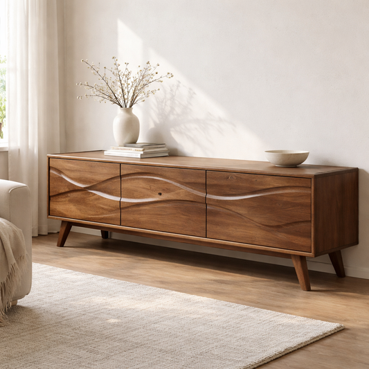 Solid Wood Console Table with Minimal Wave Carved Doors for Modern Living Room - view 1 of 9