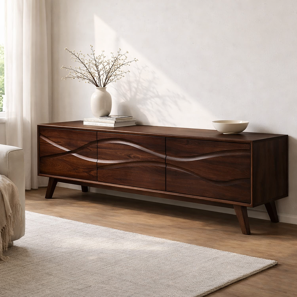 Solid Wood Console Table with Minimal Wave Carved Doors for Modern Living Room - view 4 of 9