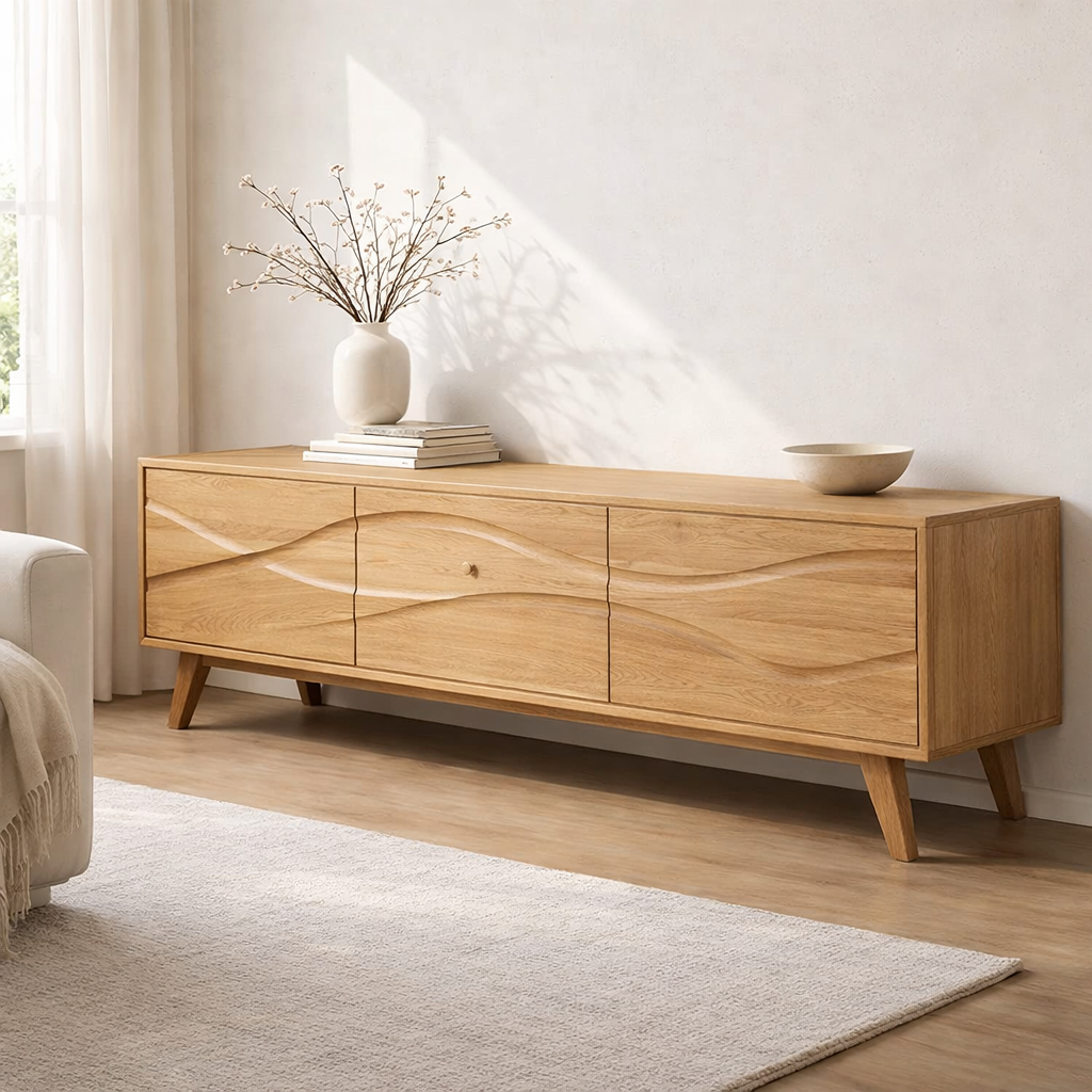Solid Wood Console Table with Minimal Wave Carved Doors for Modern Living Room - view 3 of 9