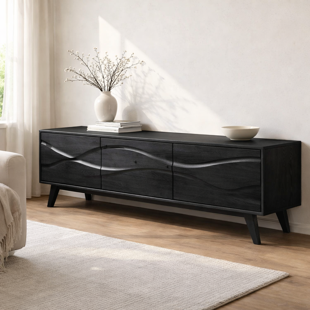 Solid Wood Console Table with Minimal Wave Carved Doors for Modern Living Room - view 5 of 9