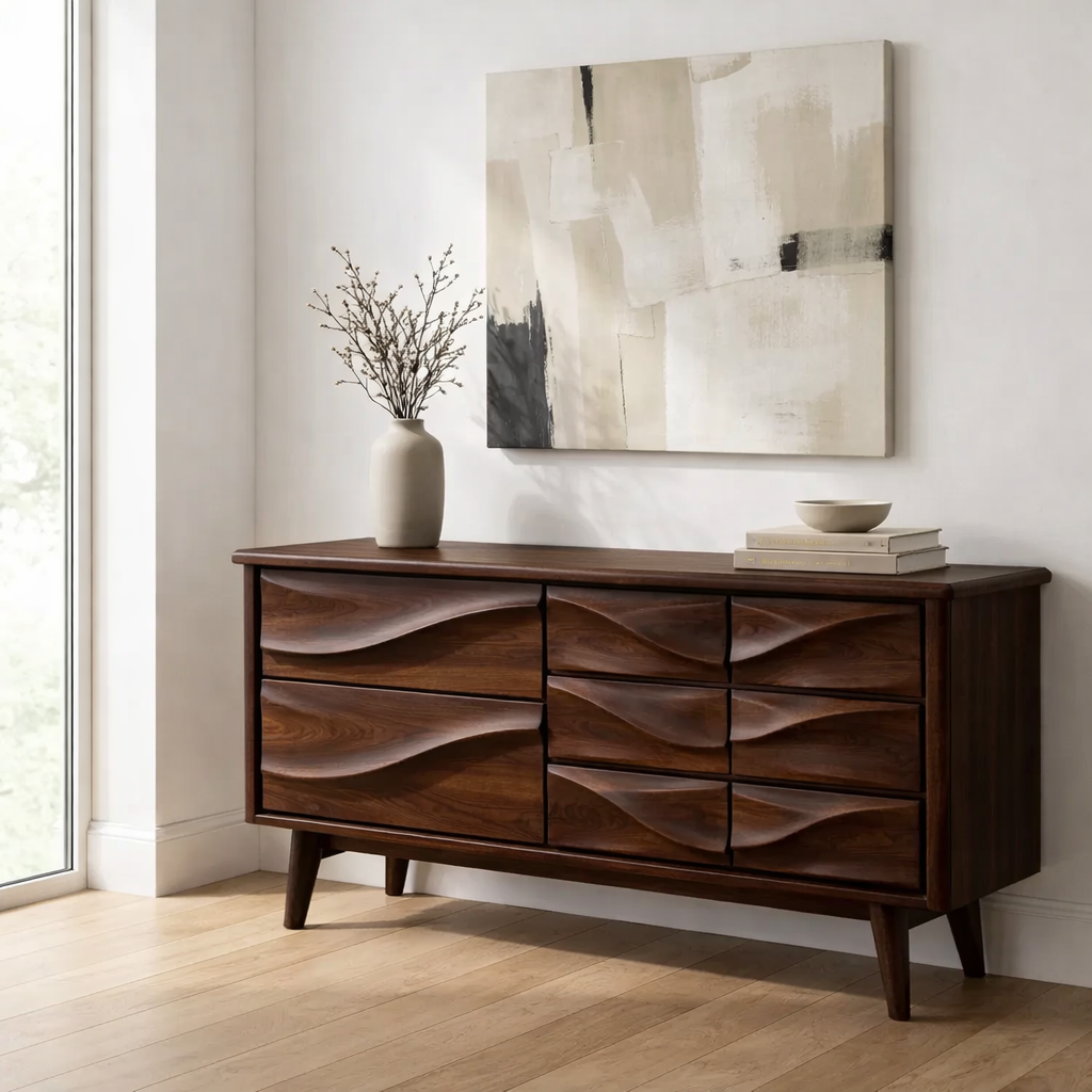 Solid Wood Console Table with Multi Drawer Wave Front Design for Modern Home - view 4 of 9