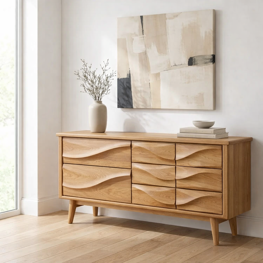 Solid Wood Console Table with Multi Drawer Wave Front Design for Modern Home - view 3 of 9