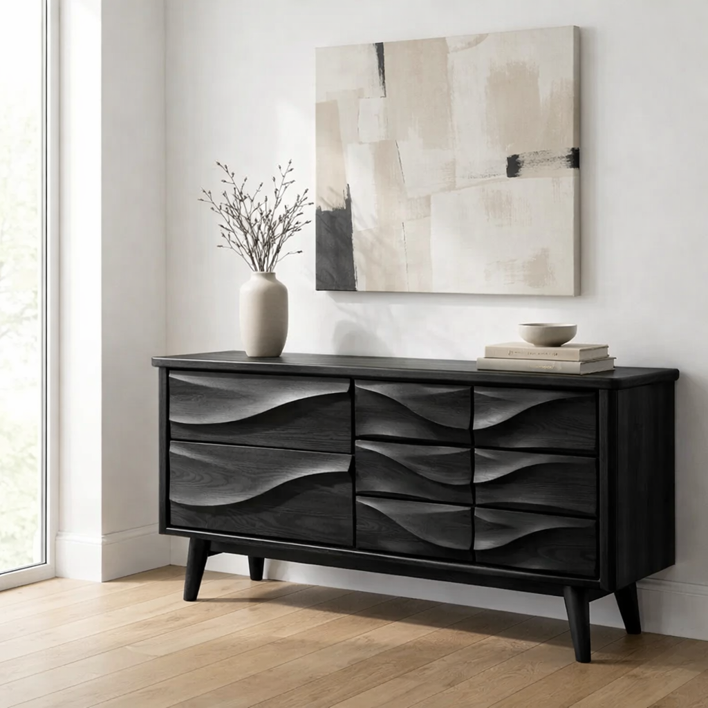 Solid Wood Console Table with Multi Drawer Wave Front Design for Modern Home - view 5 of 9