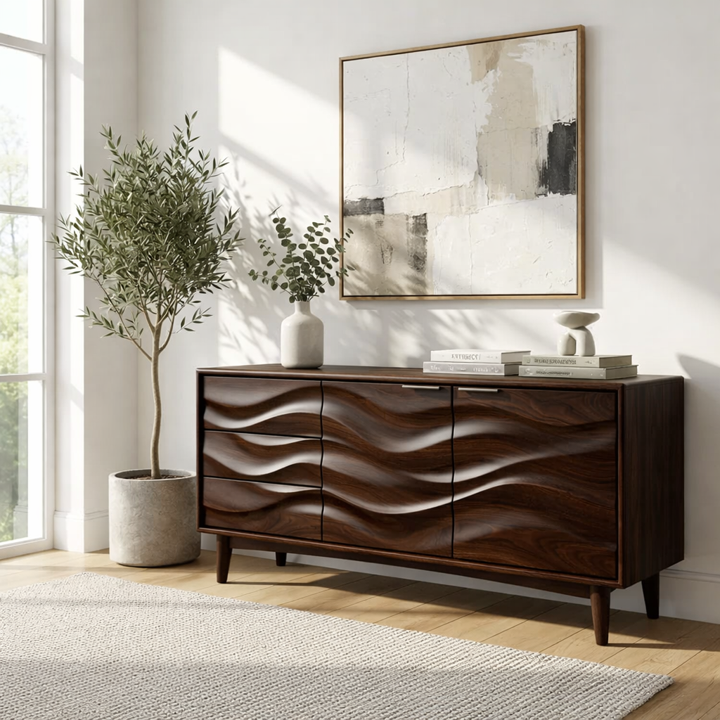 Solid Wood Console Table with Sculptural Wave Front Doors and Modern Storage Design - view 4 of 9