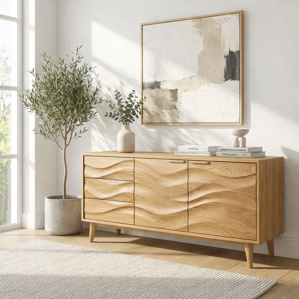 Solid Wood Console Table with Sculptural Wave Front Doors and Modern Storage Design - view 3 of 9