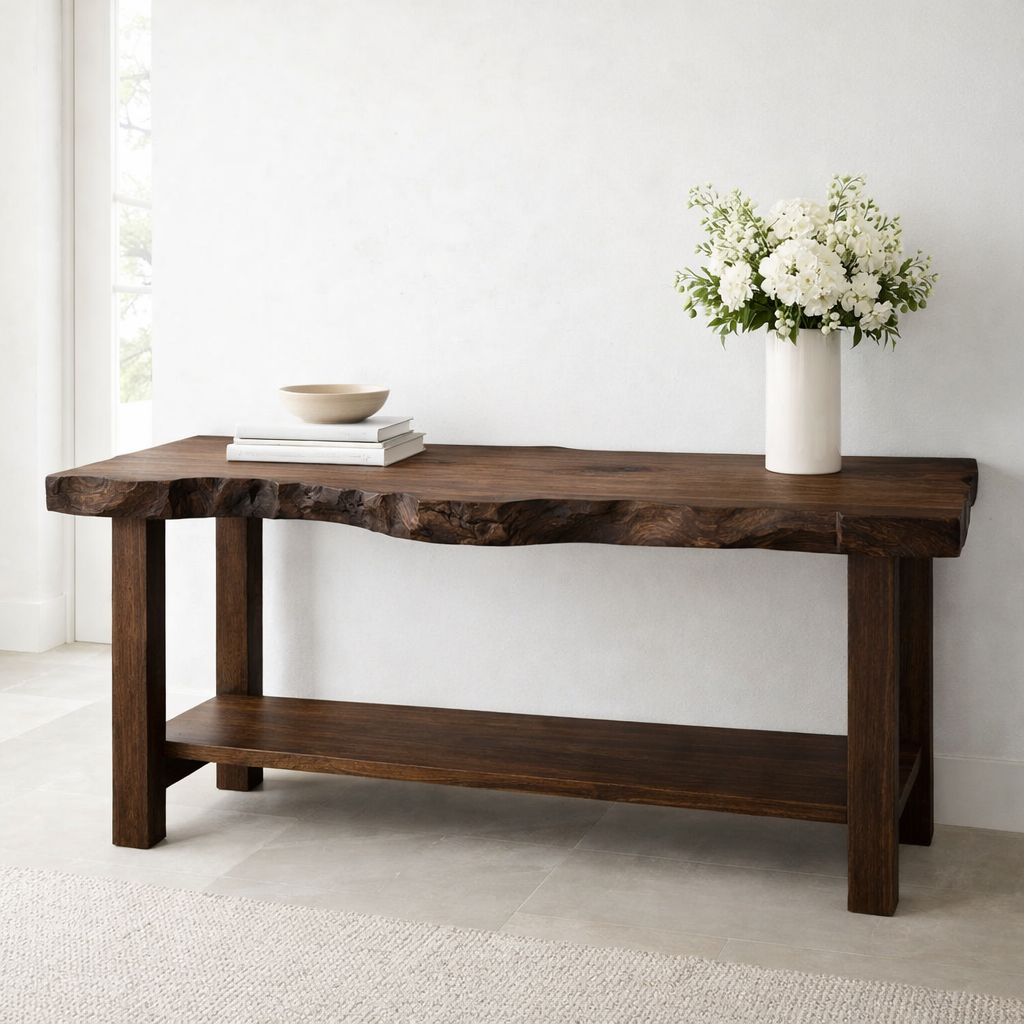 Solid Wood Console Table with Live Edge Top – Rustic Entryway & Sofa Table with Shelf - view 4 of 9