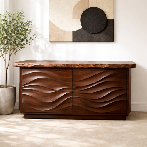 Solid Wood Console Table with Carved Wave Doors – Modern Sculptural Entryway Cabinet - view 1 of 9