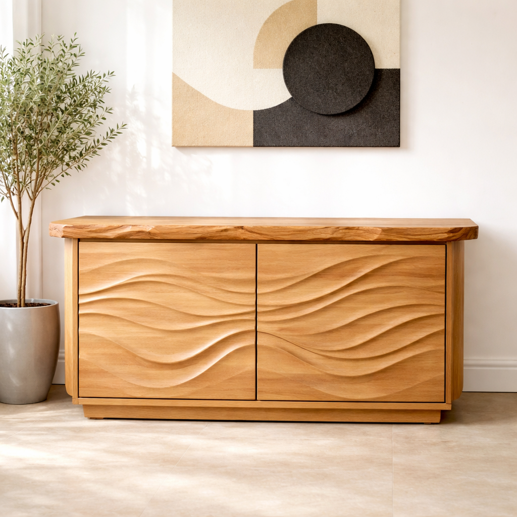 Solid Wood Console Table with Carved Wave Doors – Modern Sculptural Entryway Cabinet - view 3 of 9