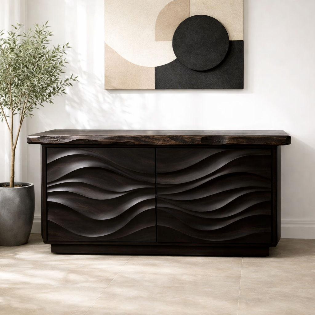 Solid Wood Console Table with Carved Wave Doors – Modern Sculptural Entryway Cabinet - view 5 of 9