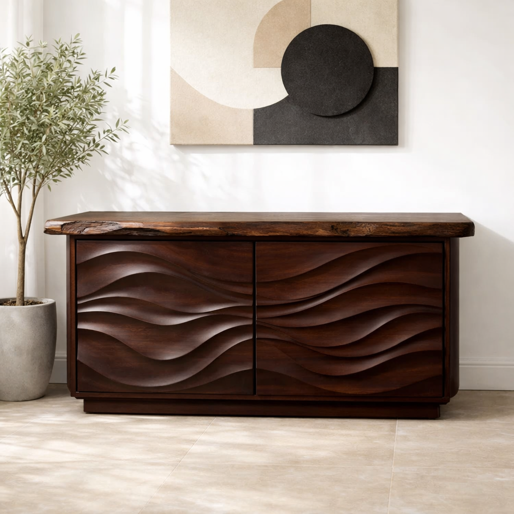 Solid Wood Console Table with Carved Wave Doors – Modern Sculptural Entryway Cabinet - view 4 of 9