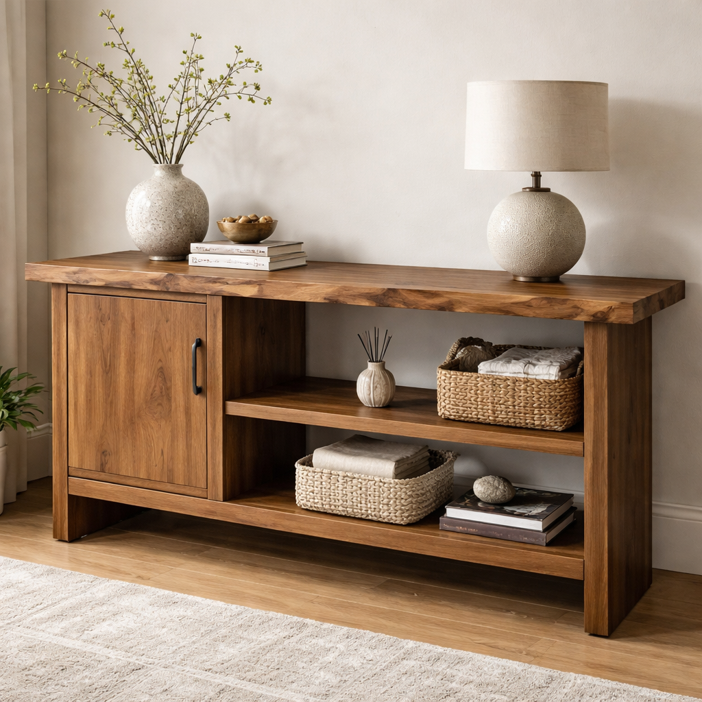 Solid Wood Console Table with Storage Shelf – Modern Entryway Cabinet with Door - view 1 of 9
