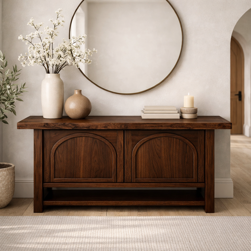 Solid Wood Console Cabinet – Rustic Entryway Storage Table with Arched Doors - view 4 of 9