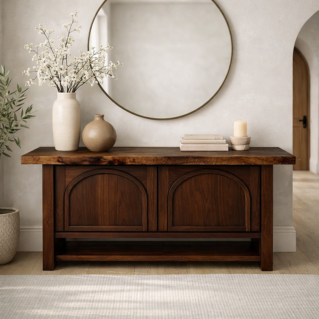 Solid Wood Console Cabinet – Rustic Entryway Storage Table with Arched Doors - view 3 of 9