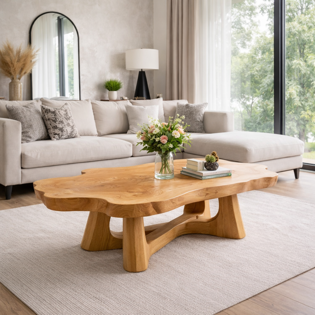 Solid Wood Live Edge Coffee Table with Sculptural Base and Organic Curved Design - view 3 of 9