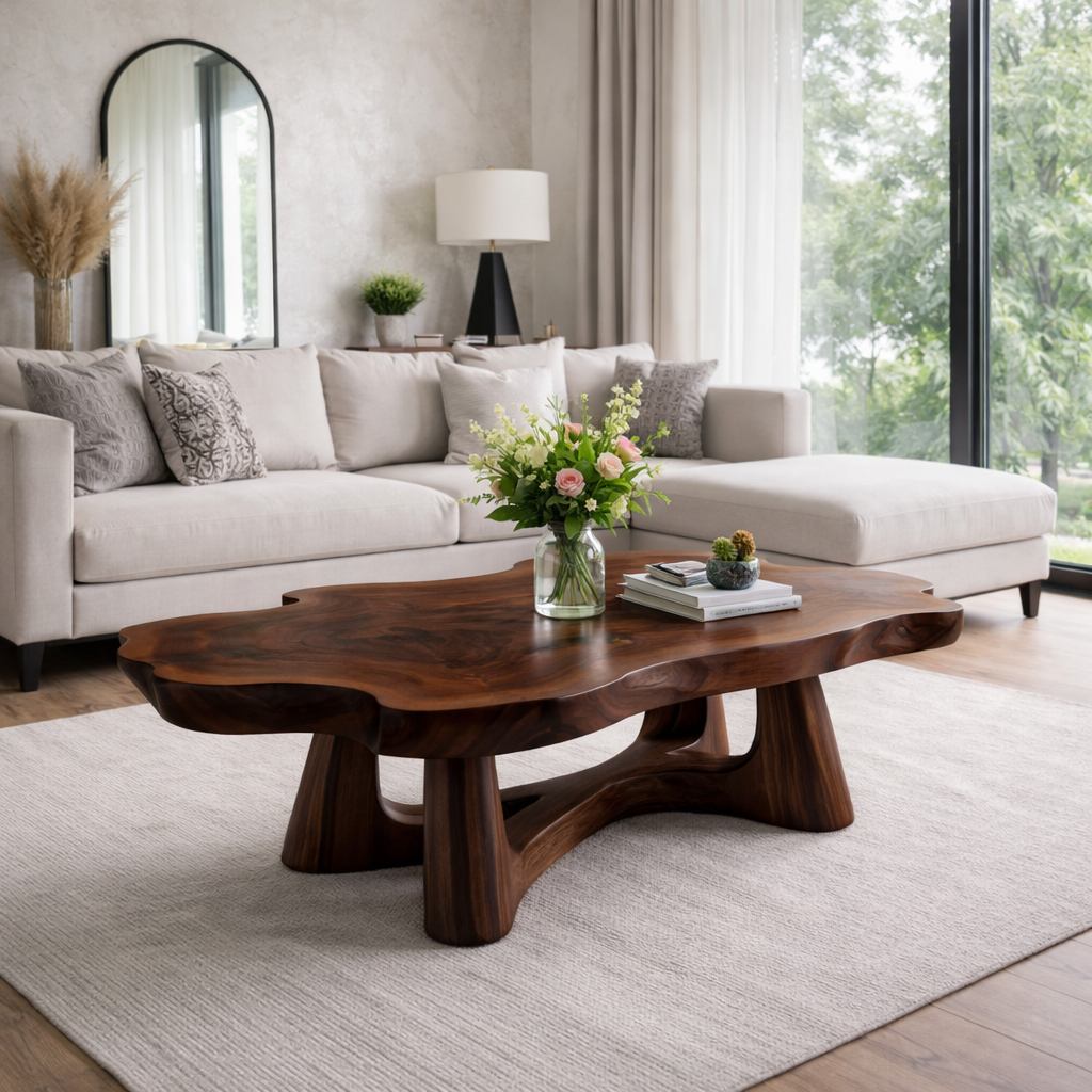 Solid Wood Live Edge Coffee Table with Sculptural Base and Organic Curved Design - view 4 of 9