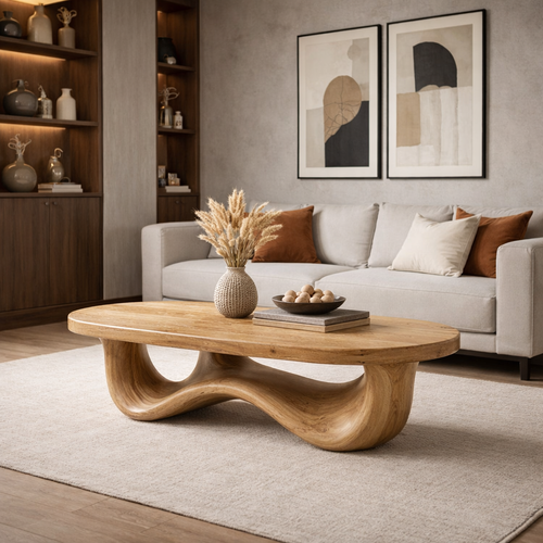 Solid Wood Oval Coffee Table with Sculptural Wave Base and Rustic Walnut Finish - view 1 of 9
