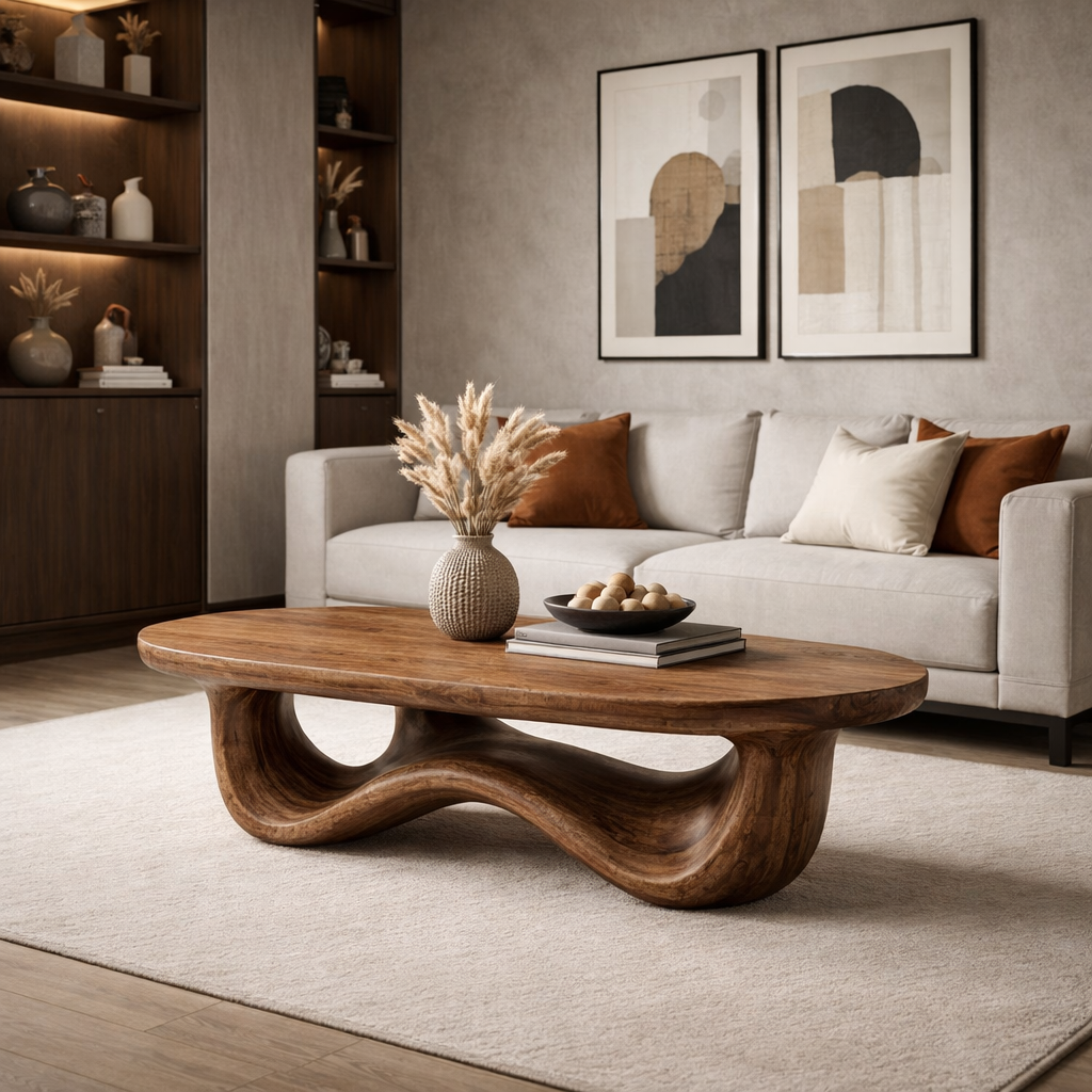 Solid Wood Oval Coffee Table with Sculptural Wave Base and Rustic Walnut Finish - view 3 of 9