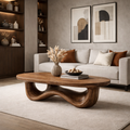 Solid Wood Oval Coffee Table with Sculptural Wave Base and Rustic Walnut Finish - view 3 of 9