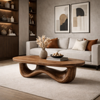 Solid Wood Oval Coffee Table with Sculptural Wave Base and Rustic Walnut Finish - view 3 of 9