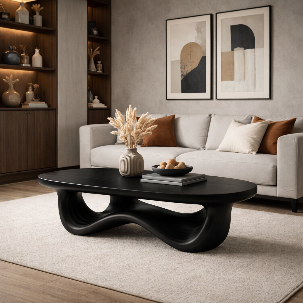 Solid Wood Oval Coffee Table with Sculptural Wave Base and Rustic Walnut Finish - view 5 of 9