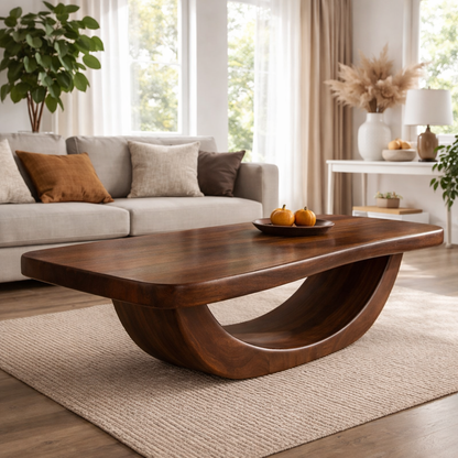 Solid Wood Coffee Table with Curved Sculptural Base and Thick Slab Top - view 1 of 9