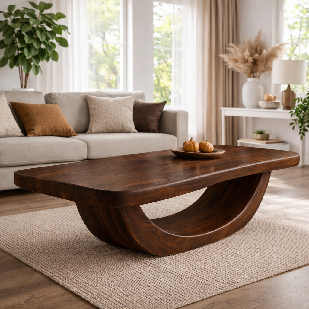 Solid Wood Coffee Table with Curved Sculptural Base and Thick Slab Top - view 3 of 9