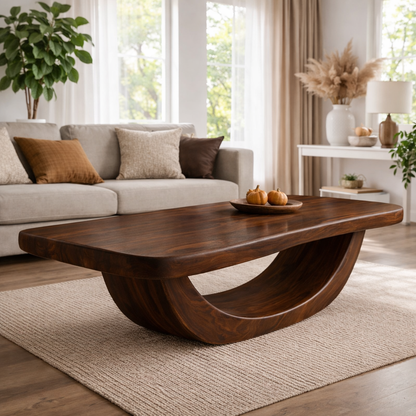 Solid Wood Coffee Table with Curved Sculptural Base and Thick Slab Top - view 3 of 9