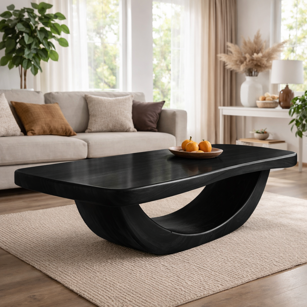 Solid Wood Coffee Table with Curved Sculptural Base and Thick Slab Top - view 5 of 9