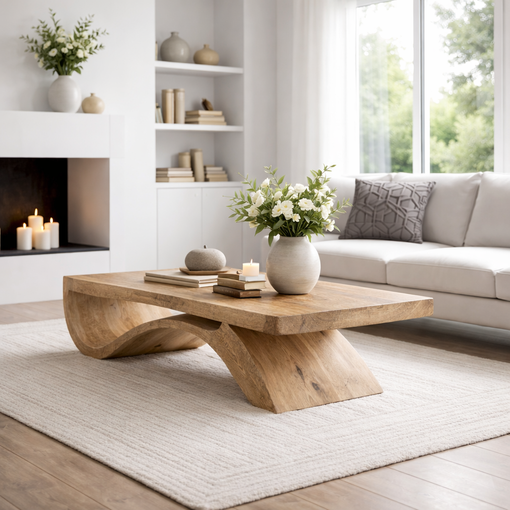 Solid Wood Coffee Table with Sculptural Base and Thick Slab Top - view 4 of 9