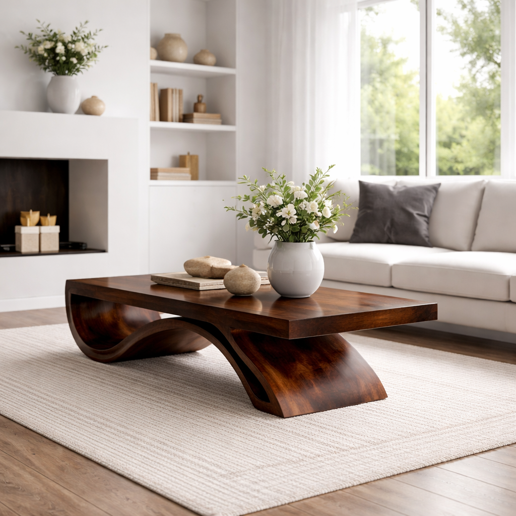 Solid Wood Coffee Table with Sculptural Base and Thick Slab Top - view 1 of 9