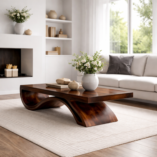 Solid Wood Coffee Table with Sculptural Base and Thick Slab Top - view 1 of 9